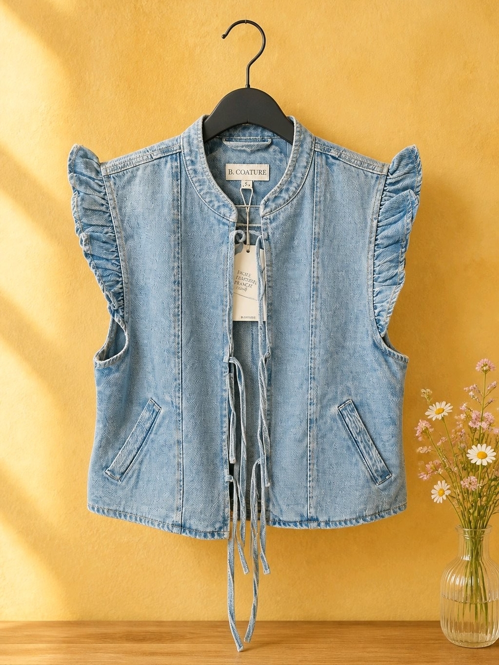 Light Blue Denim Ruffle-Sleeve Crop Top